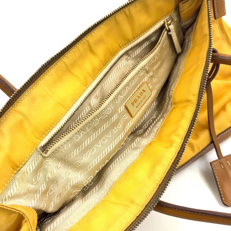 Prada Triangle Logo Plate Shoulder Leather X Nylon Yellow X Light Brown Handbag