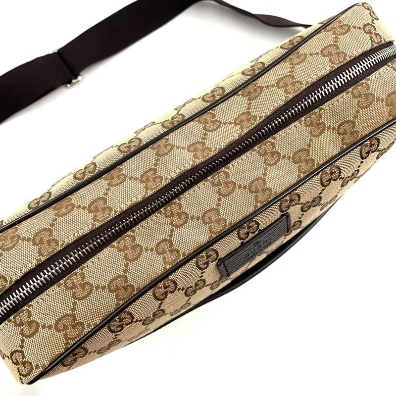 Gucci GG Canvas Leather X Canvas Khaki Beige X Dark Brown Shoulder Bag Silver