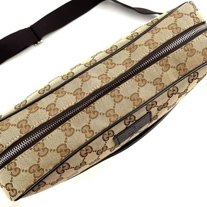 Gucci GG Canvas Leather X Canvas Khaki Beige X Dark Brown Shoulder Bag Silver