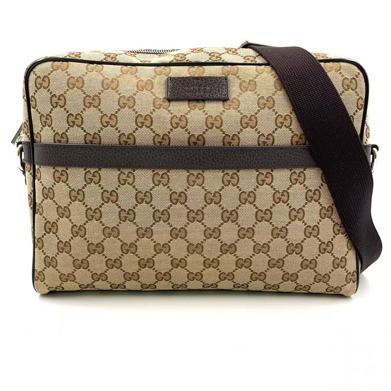 Gucci GG Canvas Leather X Canvas Khaki Beige X Dark Brown Shoulder Bag Silver