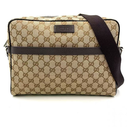 Gucci GG Canvas Leather X Canvas Khaki Beige X Dark Brown Shoulder Bag Silver