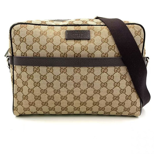 Gucci GG Canvas Leather X Canvas Khaki Beige X Dark Brown Shoulder Bag Silver