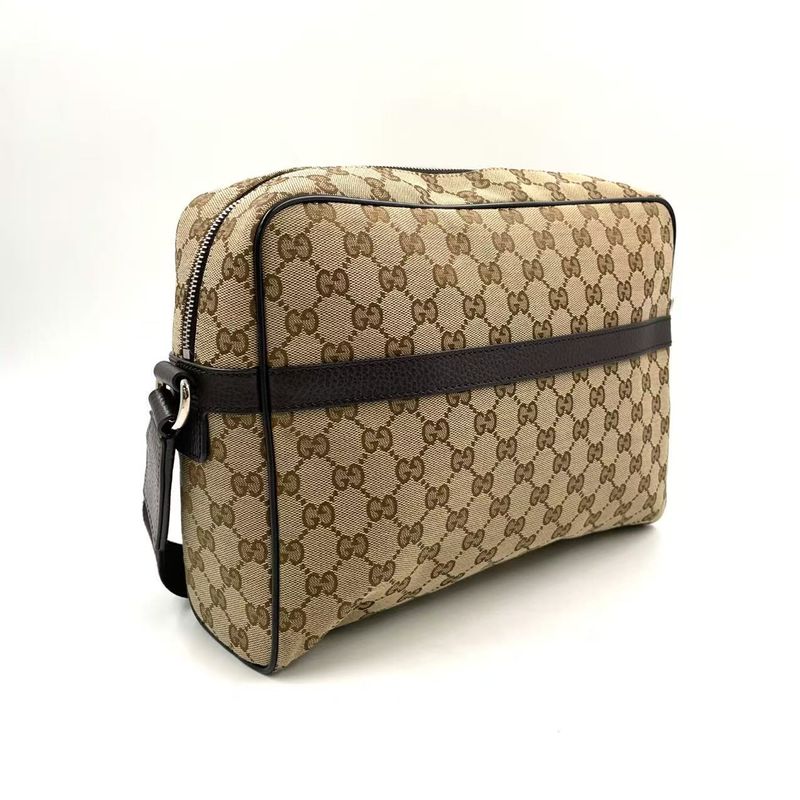 Gucci GG Canvas Leather X Canvas Khaki Beige X Dark Brown Shoulder Bag Silver