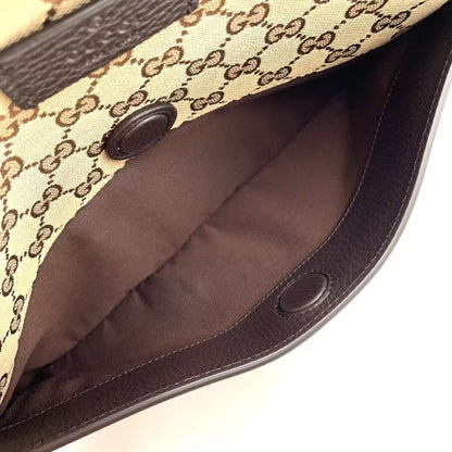 Gucci GG Canvas Leather X Canvas Khaki Beige X Dark Brown Shoulder Bag Silver