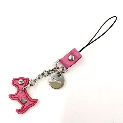 Prada Dog Motif Strap Leather Pink Leather Charm Silver 1ar931