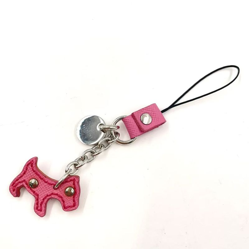 Prada Dog Motif Strap Leather Pink Leather Charm Silver 1ar931