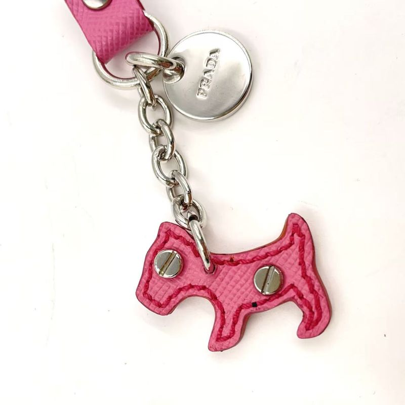 Prada Dog Motif Strap Leather Pink Leather Charm Silver 1ar931