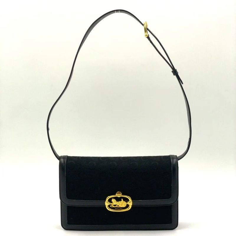 Celine Carriage Hardware Leather × Canvas Black One Shoulder Bag Gold