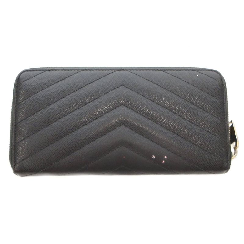 Saint Laurent Paris YSL Logo Long Wallet Caviar Skin Leather Round Zipper Black