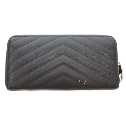 Saint Laurent Paris YSL Logo Long Wallet Caviar Skin Leather Round Zipper Black