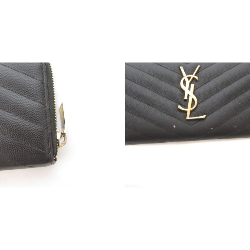 Saint Laurent Paris YSL Logo Long Wallet Caviar Skin Leather Round Zipper Black