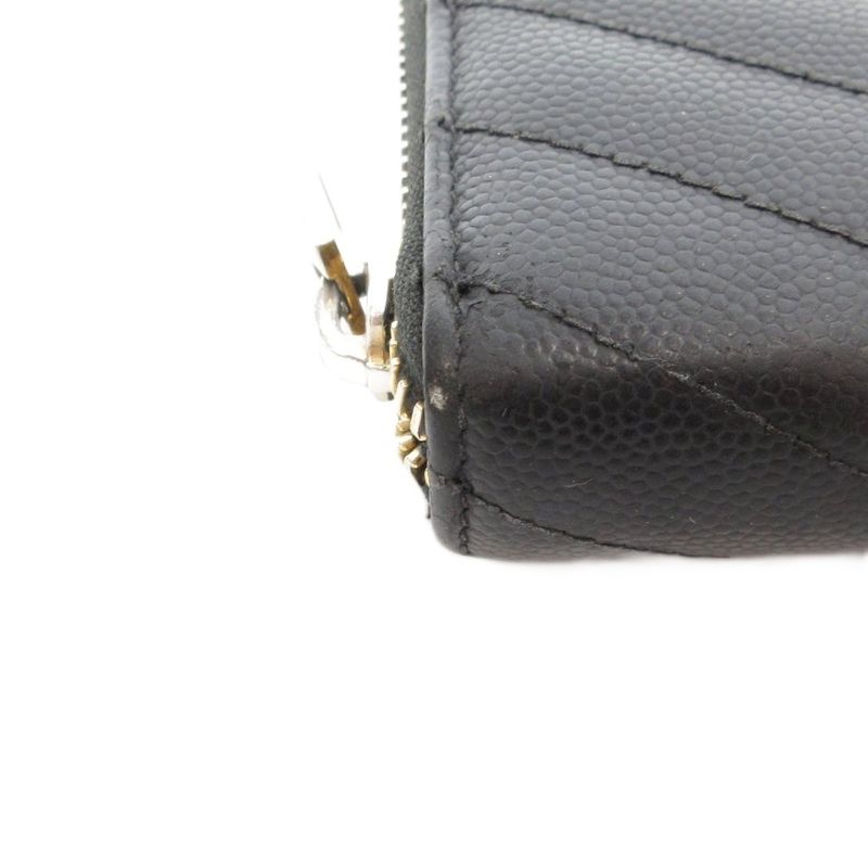 Saint Laurent Paris YSL Logo Long Wallet Caviar Skin Leather Round Zipper Black