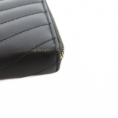 Saint Laurent Paris YSL Logo Long Wallet Caviar Skin Leather Round Zipper Black