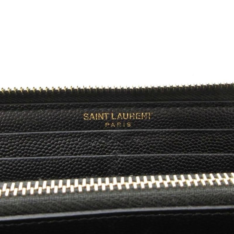 Saint Laurent Paris YSL Logo Long Wallet Caviar Skin Leather Round Zipper Black