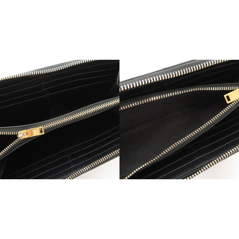 Saint Laurent Paris YSL Logo Long Wallet Caviar Skin Leather Round Zipper Black