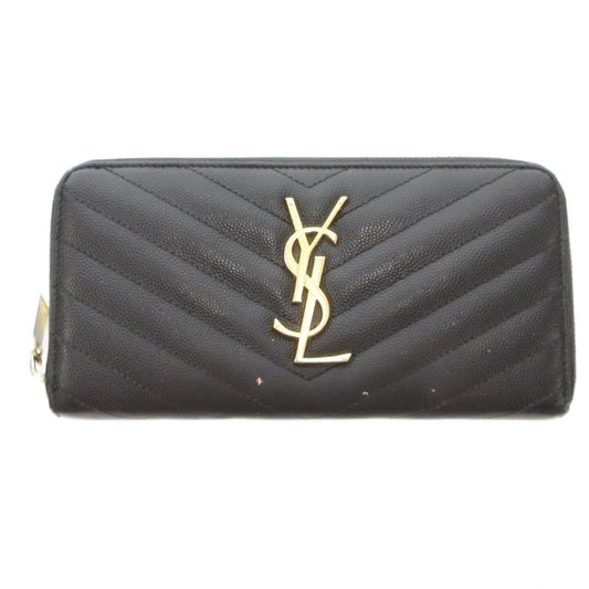 Saint Laurent Paris YSL Logo Long Wallet Caviar Skin Leather Round Zipper Black