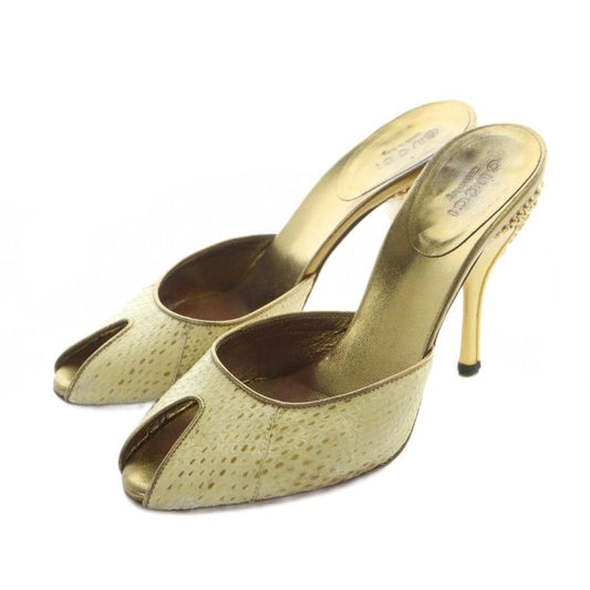 Gucci Mule Open Toe Leather High Heels Logo Studs 34 21cm (8.27in) Gold Color •