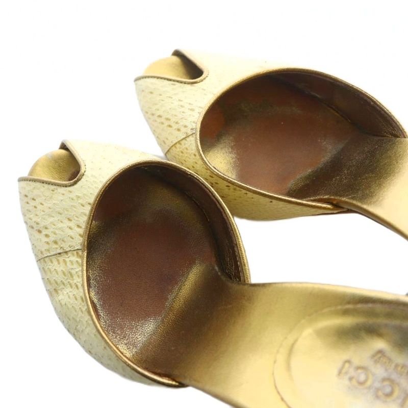 Gucci Mule Open Toe Leather High Heels Logo Studs 34 21cm (8.27in) Gold Color •