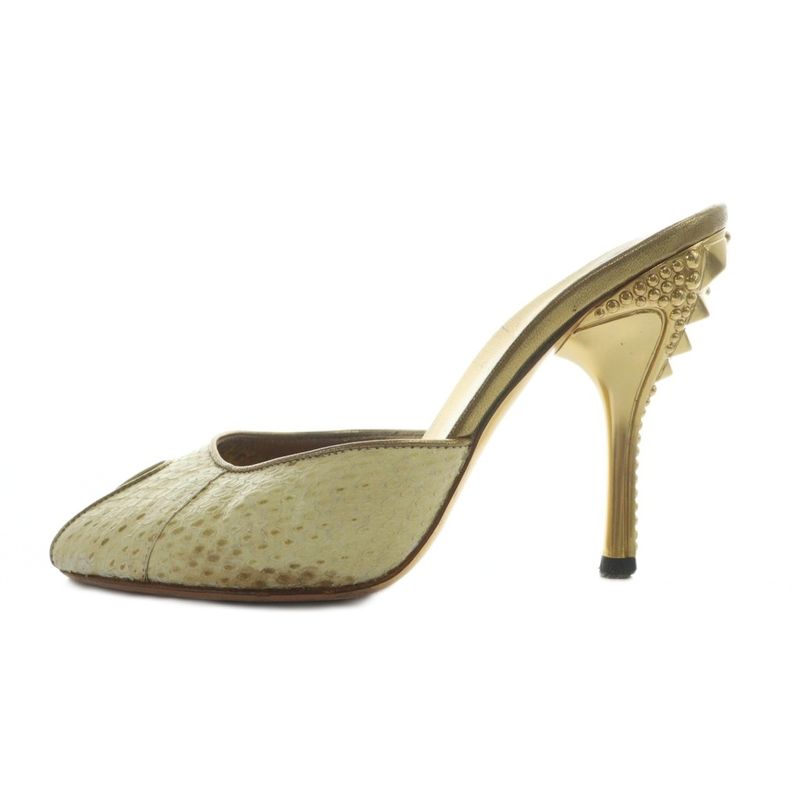 Gucci Mule Open Toe Leather High Heels Logo Studs 34 21cm (8.27in) Gold Color •