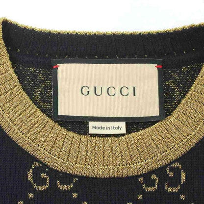 Gucci Short Sleeve Knit Tops GG Cotton Lame Fabric S Black Gold Color Golden GG