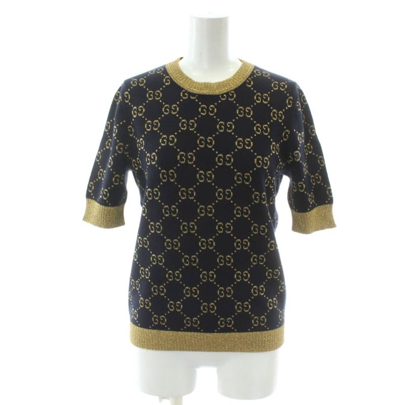 Gucci Short Sleeve Knit Tops GG Cotton Lame Fabric S Black Gold Color Golden GG