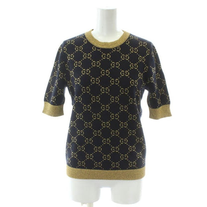 Gucci Short Sleeve Knit Tops GG Cotton Lame Fabric S Black Gold Color Golden GG