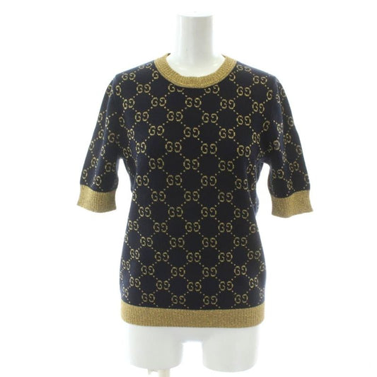 Gucci Short Sleeve Knit Tops GG Cotton Lame Fabric S Black Gold Color Golden GG
