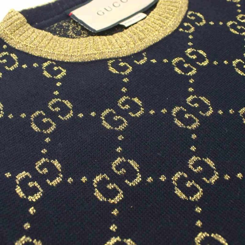 Gucci Short Sleeve Knit Tops GG Cotton Lame Fabric S Black Gold Color Golden GG