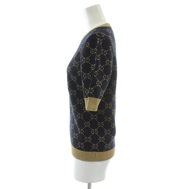 Gucci Short Sleeve Knit Tops GG Cotton Lame Fabric S Black Gold Color Golden GG