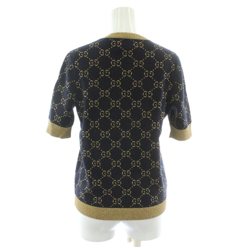 Gucci Short Sleeve Knit Tops GG Cotton Lame Fabric S Black Gold Color Golden GG