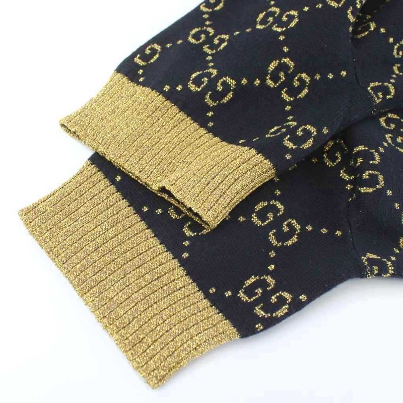 Gucci Short Sleeve Knit Tops GG Cotton Lame Fabric S Black Gold Color Golden GG