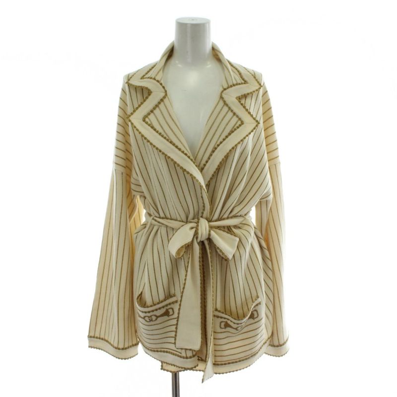 Gucci Metallic Stripe Cardigan Knit Wool M Beige Gold Color Gold with Belt