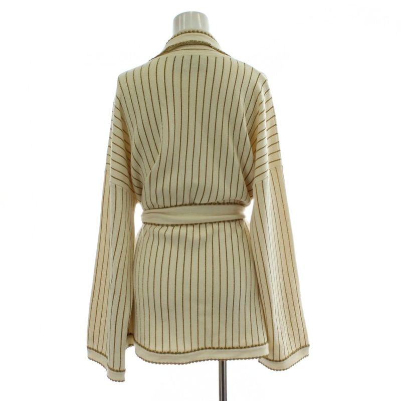 Gucci Metallic Stripe Cardigan Knit Wool M Beige Gold Color Gold with Belt