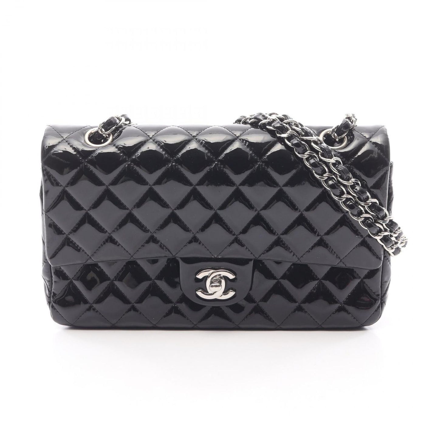 Chanel Shoulder Bag Matelasse W Flap Black Patent Leather Matelasse Double Flap