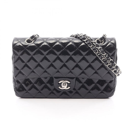 Chanel Shoulder Bag Matelasse W Flap Black Patent Leather Matelasse Double Flap