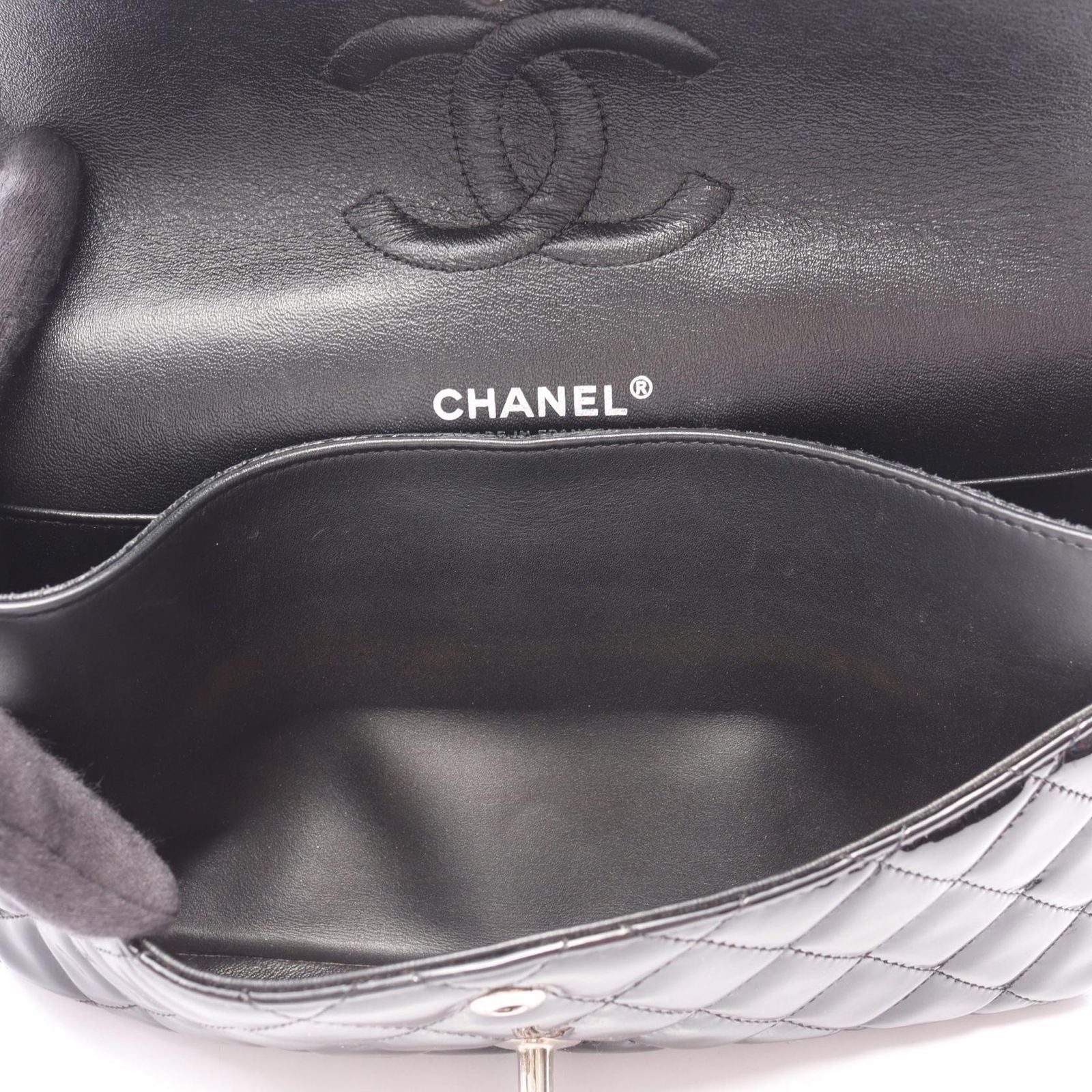 Chanel Shoulder Bag Matelasse W Flap Black Patent Leather Matelasse Double Flap