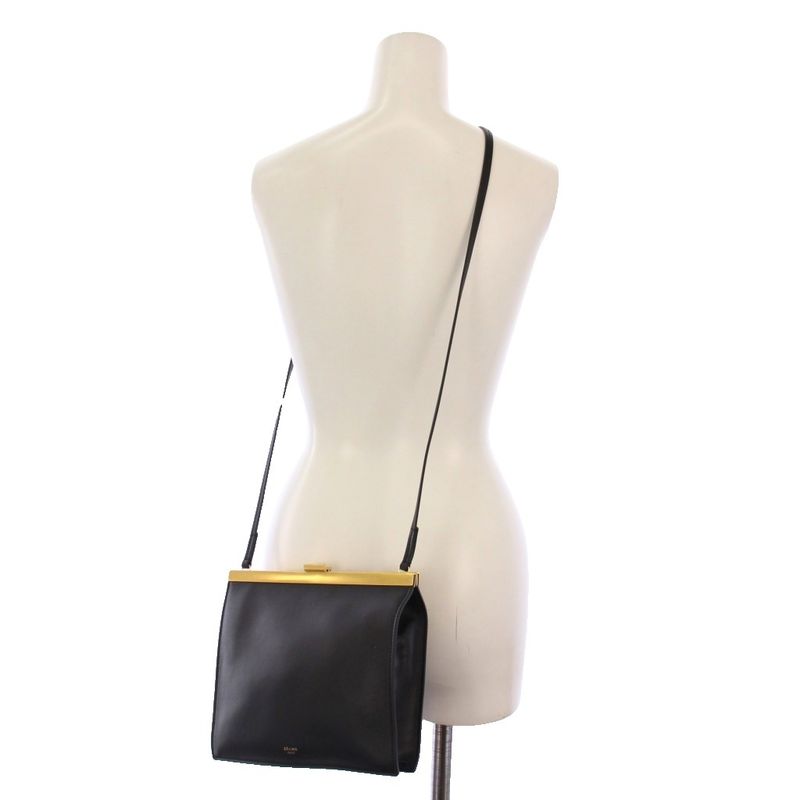 Celine Clasp Bag Clasp Shoulder Bag Leather Black KH • OH