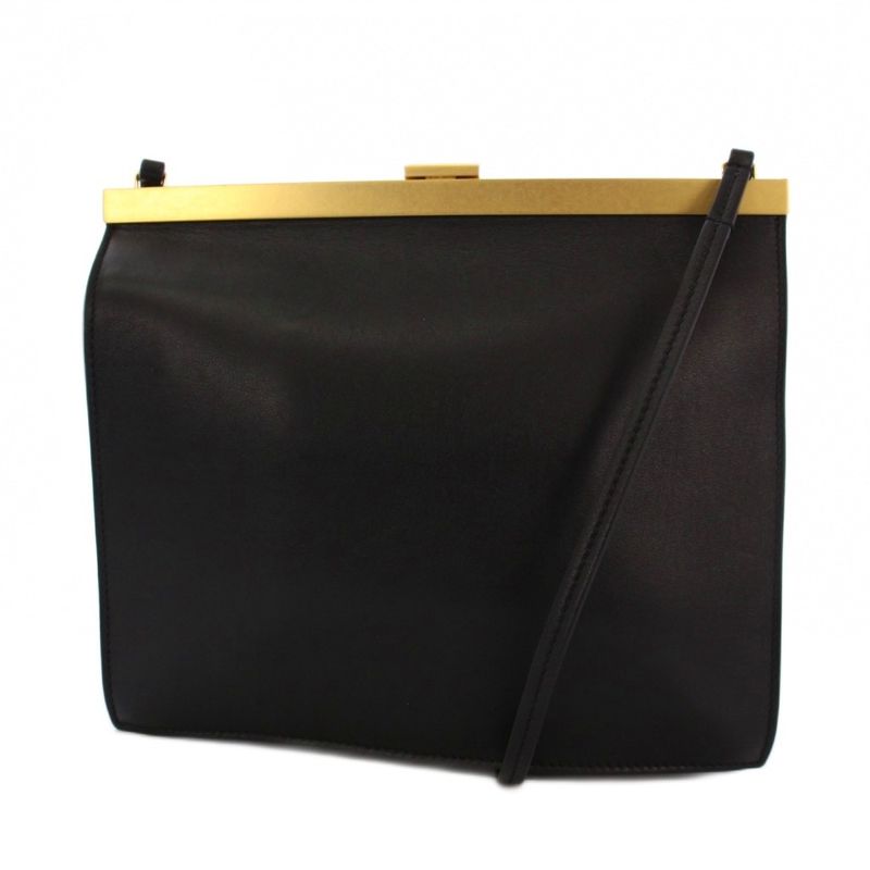 Celine Clasp Bag Clasp Shoulder Bag Leather Black KH • OH