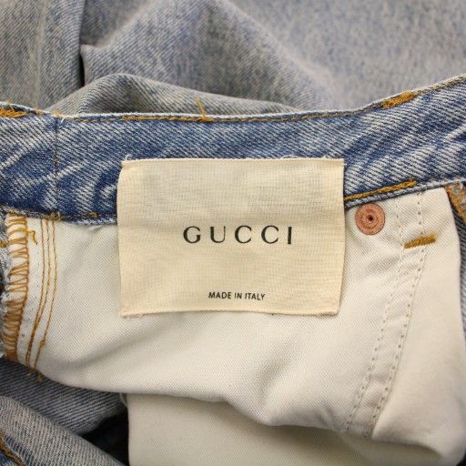 Gucci Denim Pants Jeans Zip Fly Logo Patch Leather Patch Cowhide W30 Light Blue