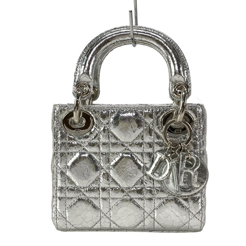 Dior Christian Dior Handbag Lady Dior Micro Bag Silver Cracked Leather