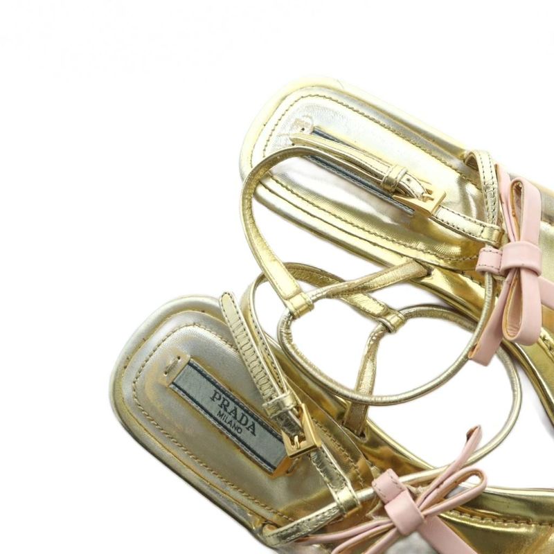 Prada Sandals Flat Ribbon Backstrap Metallic 37.5 24.5cm (9.65in) Gold • Gy19 Mq