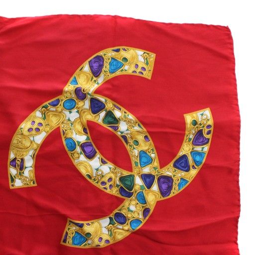Chanel Scarf Silk Jewelry Coco Mark Logo All Over Pattern Red Xz • OH • Gy11