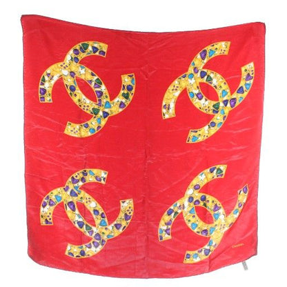 Chanel Scarf Silk Jewelry Coco Mark Logo All Over Pattern Red Xz • OH • Gy11