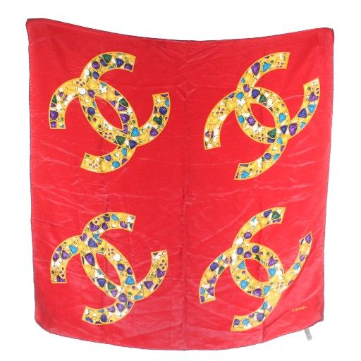 Chanel Scarf Silk Jewelry Coco Mark Logo All Over Pattern Red Xz • OH • Gy11