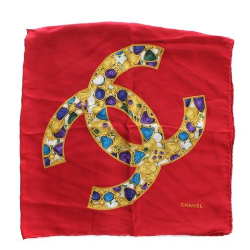 Chanel Scarf Silk Jewelry Coco Mark Logo All Over Pattern Red Xz • OH • Gy11