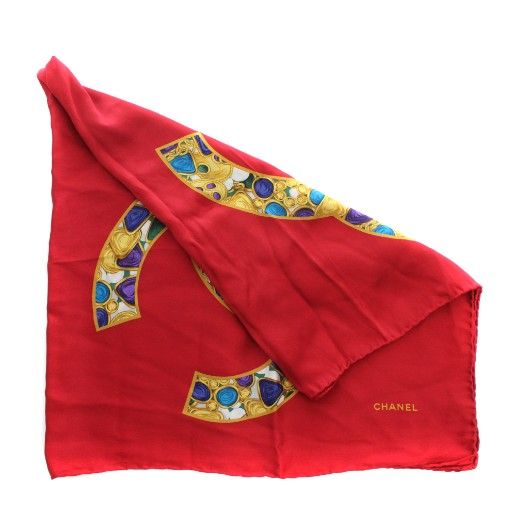 Chanel Scarf Silk Jewelry Coco Mark Logo All Over Pattern Red Xz • OH • Gy11