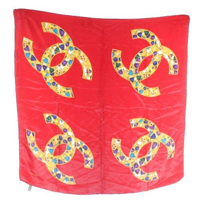 Chanel Scarf Silk Jewelry Coco Mark Logo All Over Pattern Red Xz • OH • Gy11