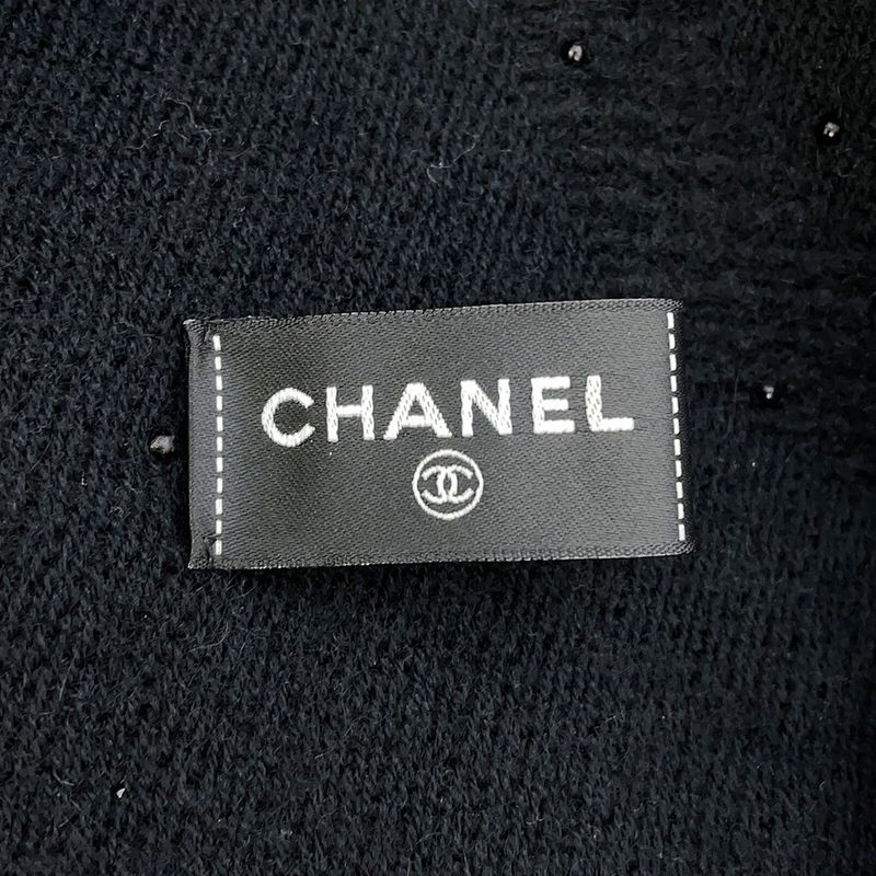Chanel Scarf CC Logo Cashmere Beads Shawl Black