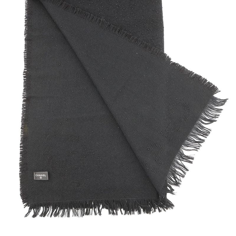 Chanel Scarf CC Logo Cashmere Beads Shawl Black