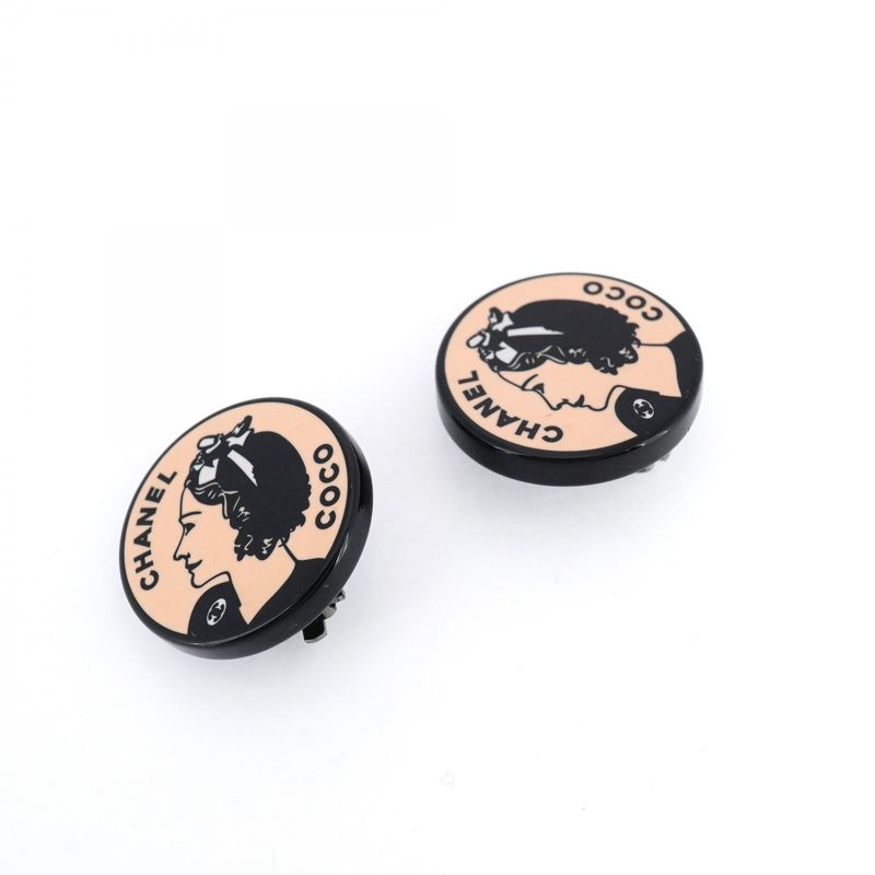 Chanel Earring Chanel Logo Coco Chanel Maru Shape Circle Metal Plastic Black